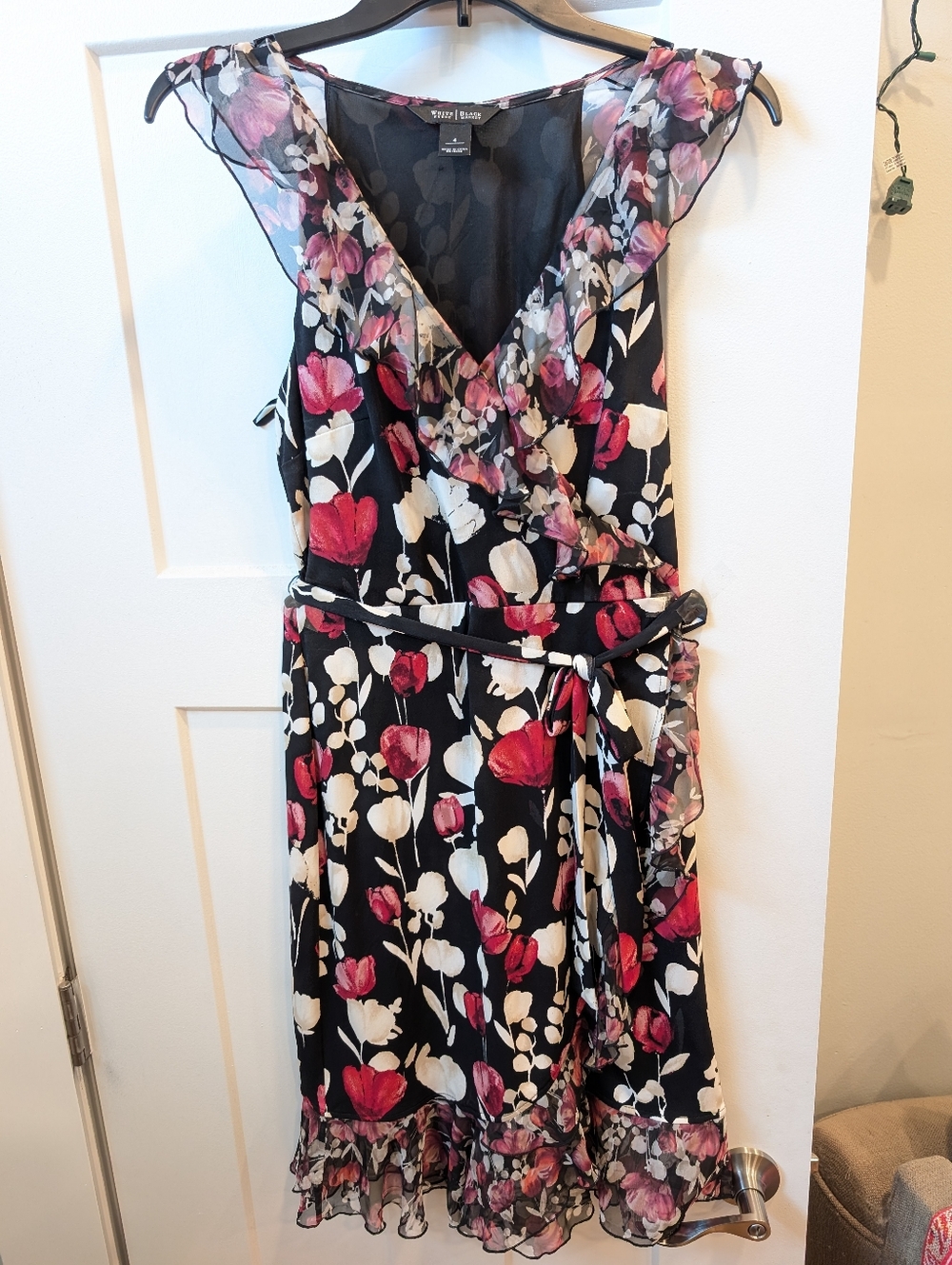 White House Black Market Black Midi Wrap Dress with Pink & Cream Floral Print